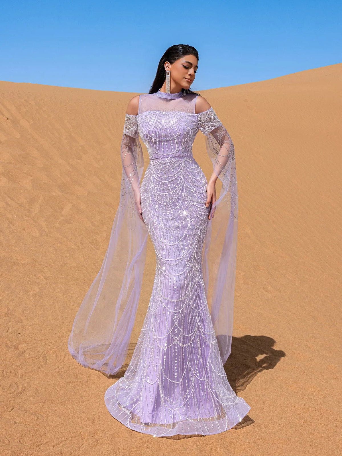 Luxury Gorgeous Rhinestone Detail Cape Sleeves Mermaid Hem Beaded Seuqin Evening Dress – view 4
