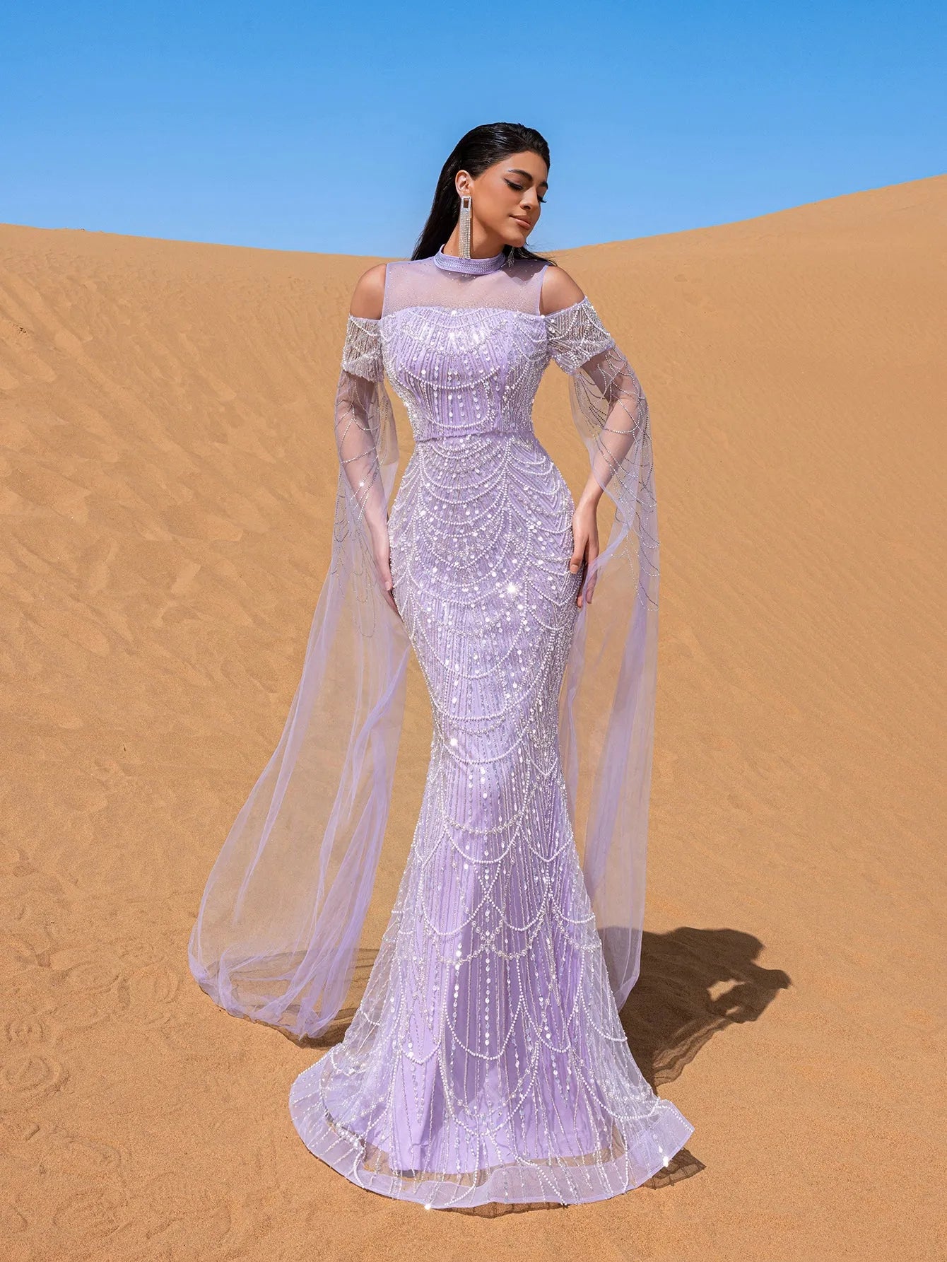 Luxury Gorgeous Rhinestone Detail Cape Sleeves Mermaid Hem Beaded Seuqin Evening Dress – view 4