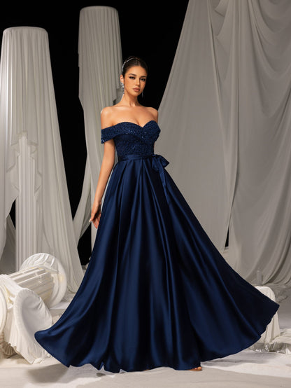 Elegant Off-Shoulder Evening Gown with Sequin Embellishments – High Slit Satin Skirt & Back Zipper for Luxury Weddings or Evening Glam, XS-XL