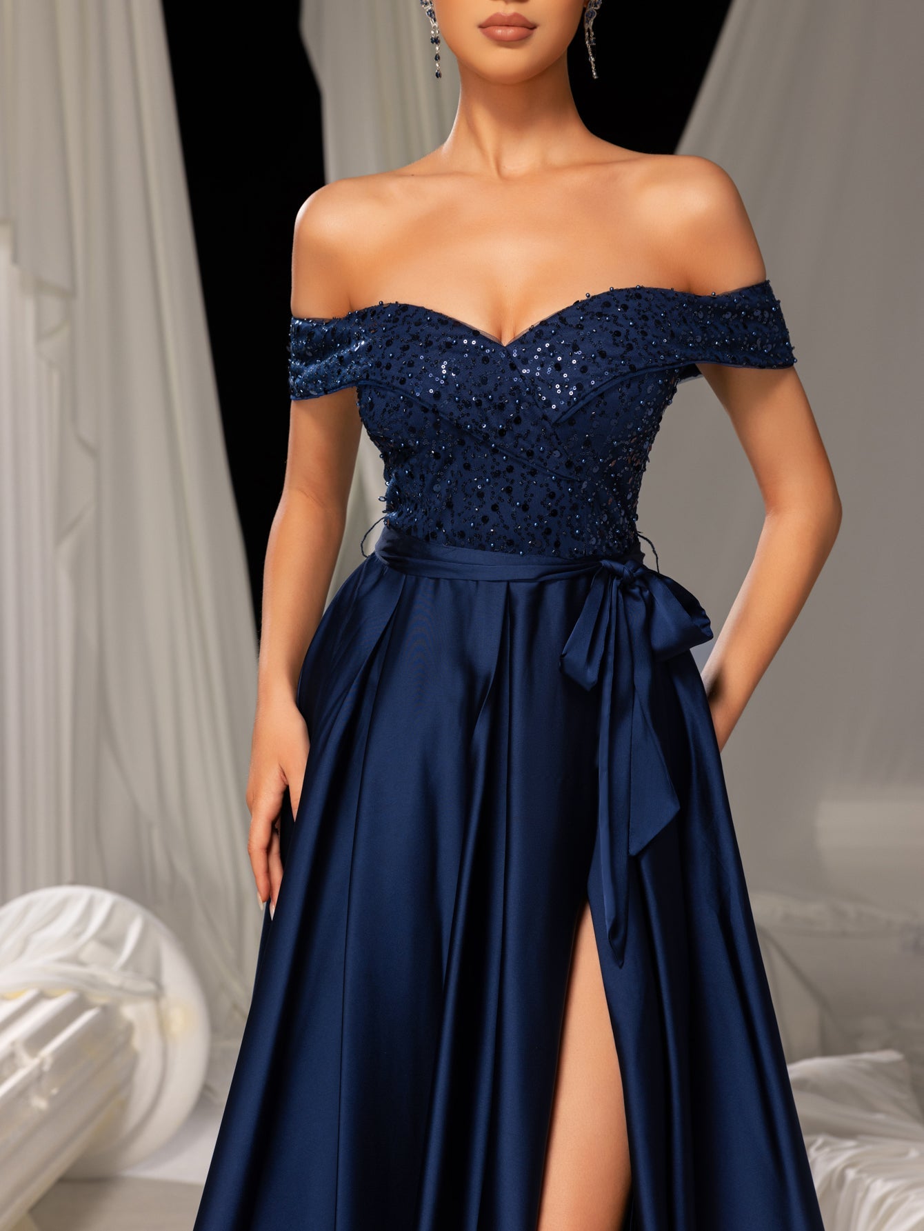 Elegant Off-Shoulder Evening Gown with Sequin Embellishments – High Slit Satin Skirt & Back Zipper for Luxury Weddings or Evening Glam, XS-XL