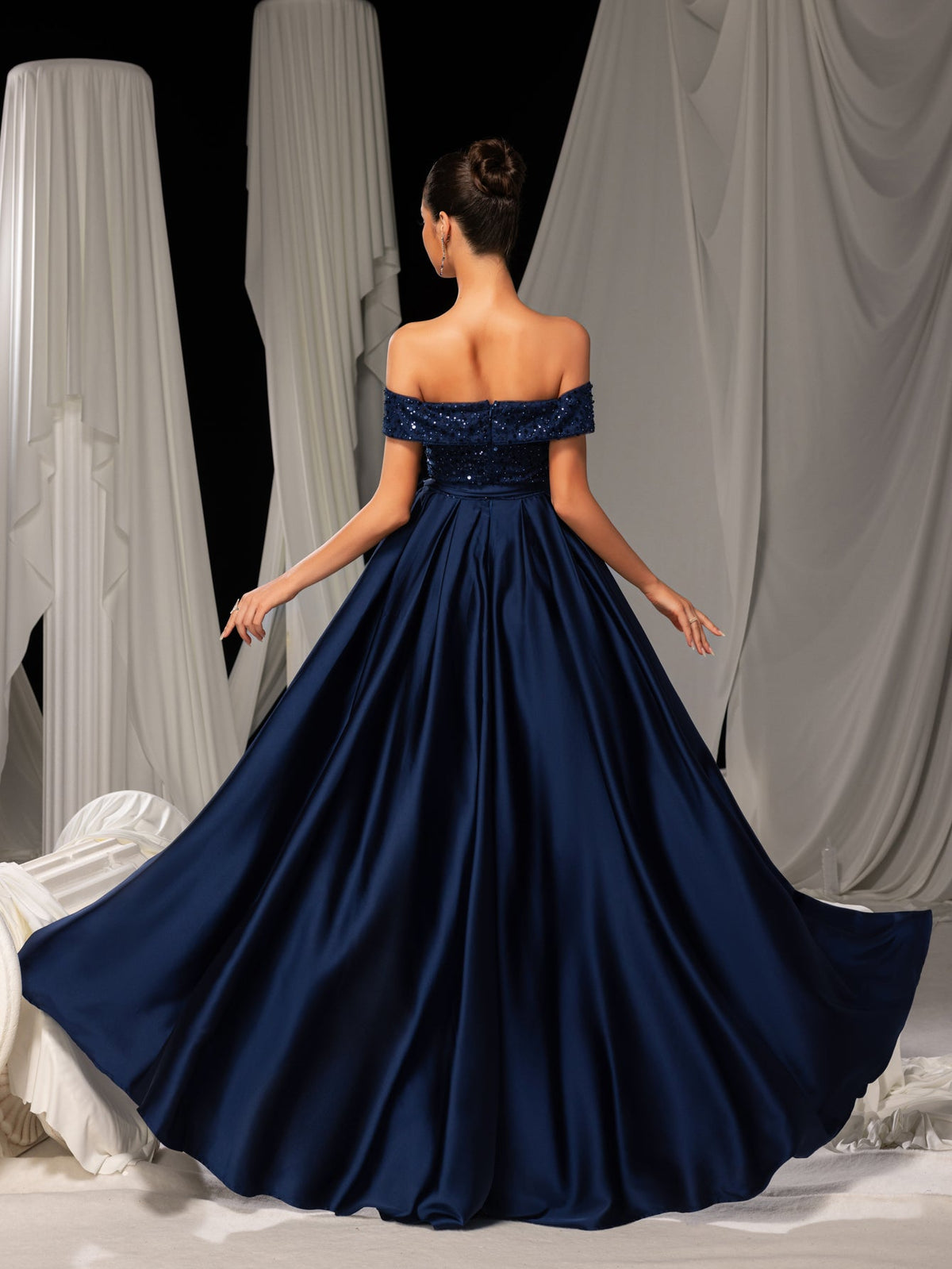 Elegant Off-Shoulder Evening Gown with Sequin Embellishments – High Slit Satin Skirt & Back Zipper for Luxury Weddings or Evening Glam, XS-XL