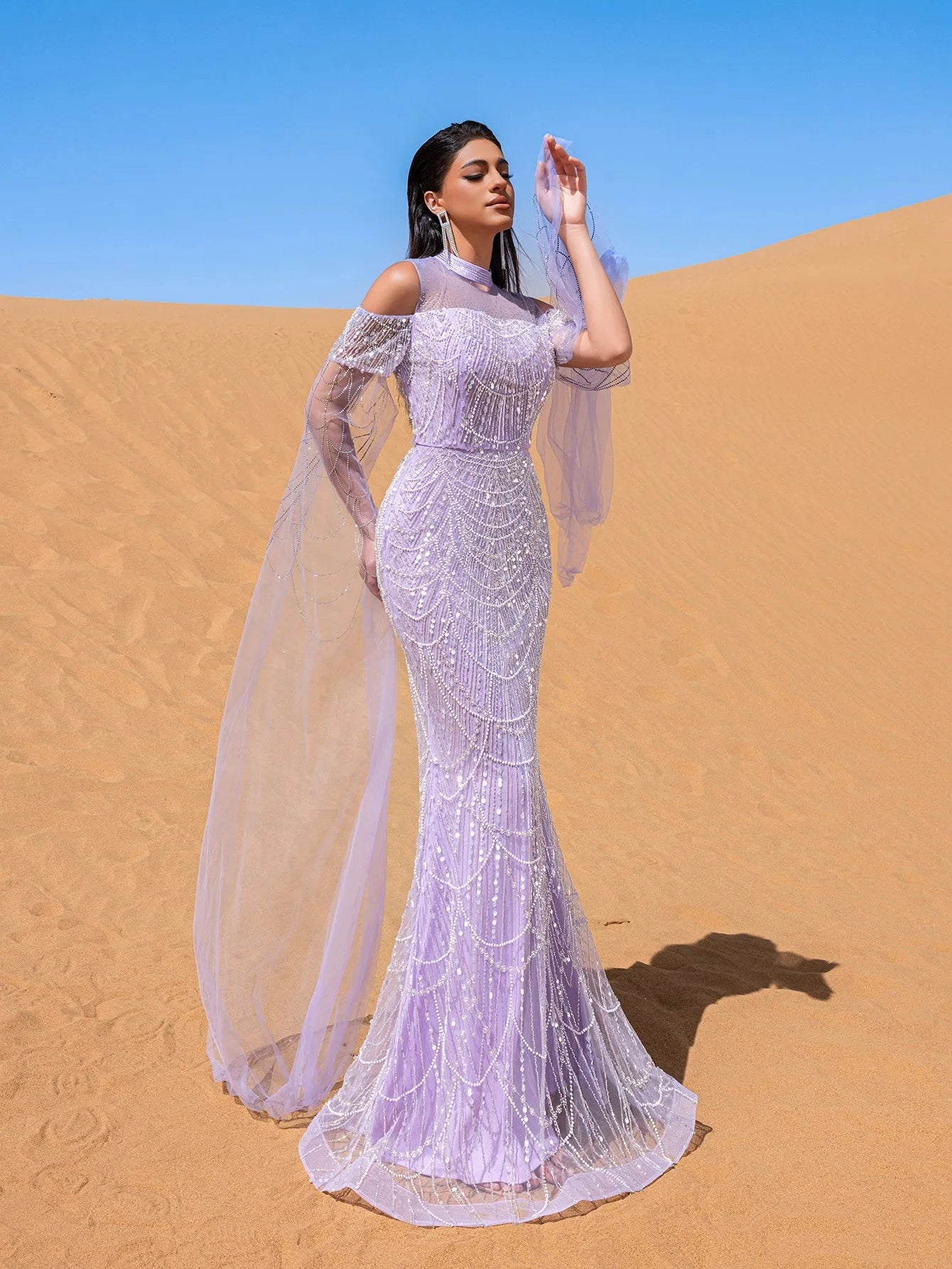 Luxury Gorgeous Rhinestone Detail Cape Sleeves Mermaid Hem Beaded Seuqin Evening Dress – view 6