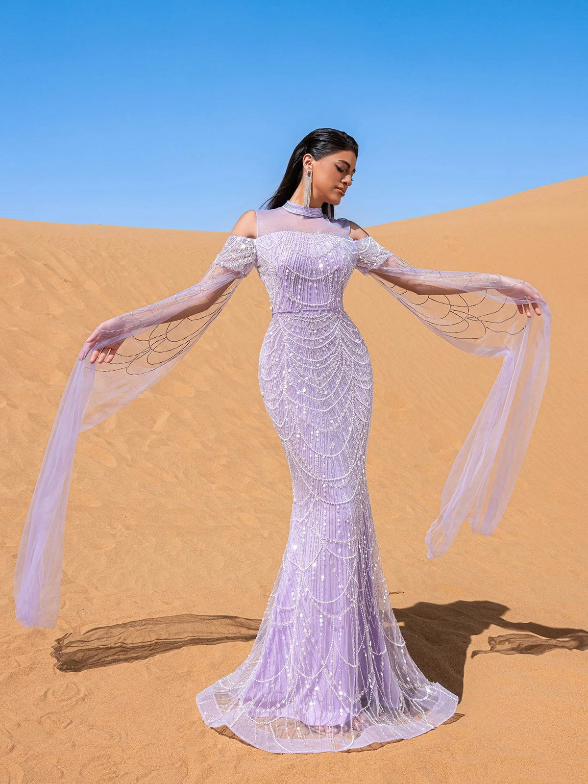 Luxury Gorgeous Rhinestone Detail Cape Sleeves Mermaid Hem Beaded Seuqin Evening Dress – view 5