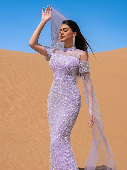 Luxury Gorgeous Rhinestone Detail Cape Sleeves Mermaid Hem Beaded Seuqin Evening Dress – view 7