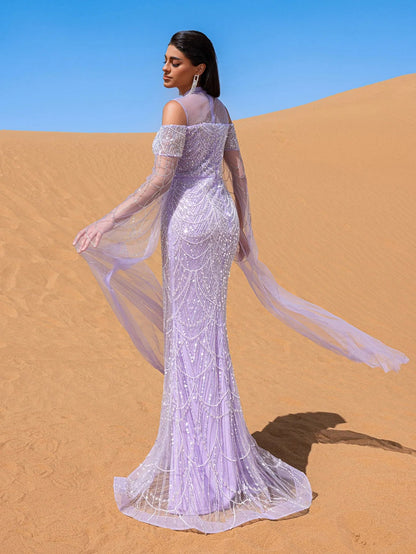 Luxury Gorgeous Rhinestone Detail Cape Sleeves Mermaid Hem Beaded Seuqin Evening Dress – view 2