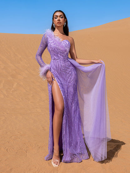Purple one-shoulder beaded mermaid evening gown with flowing train