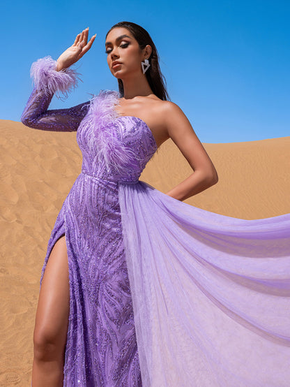 Purple one-shoulder beaded mermaid evening gown, bodice detail