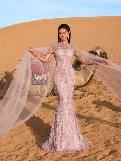 Luxury Gorgeous Sheer Cloak Sleeves Mermaid Hem Beaded Evening Dress – view 3