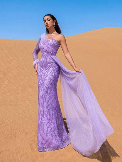 Additional view of One-Shoulder Beaded Mermaid Evening Gown
