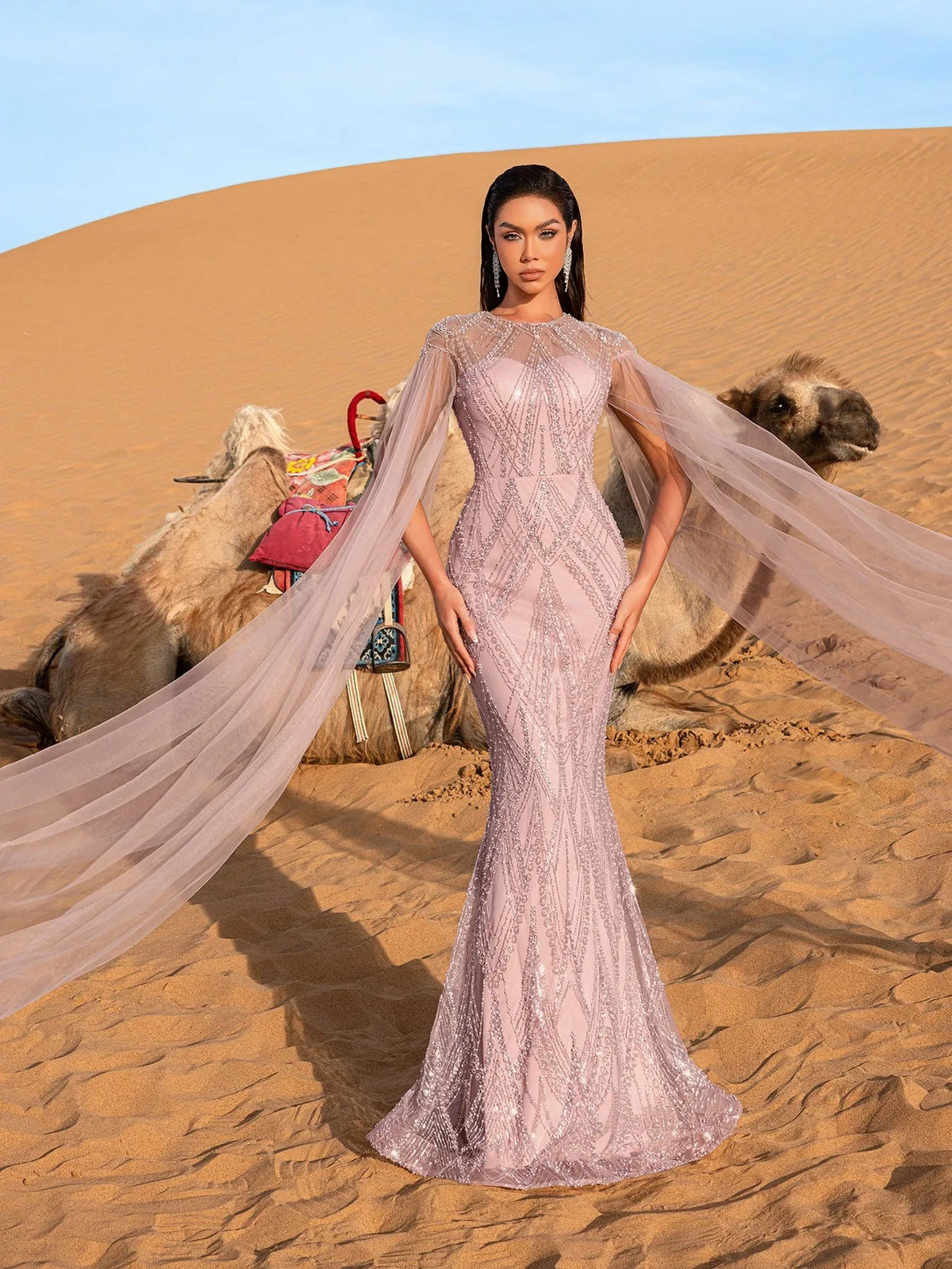 Luxury Gorgeous Sheer Cloak Sleeves Mermaid Hem Beaded Evening Dress – view 4