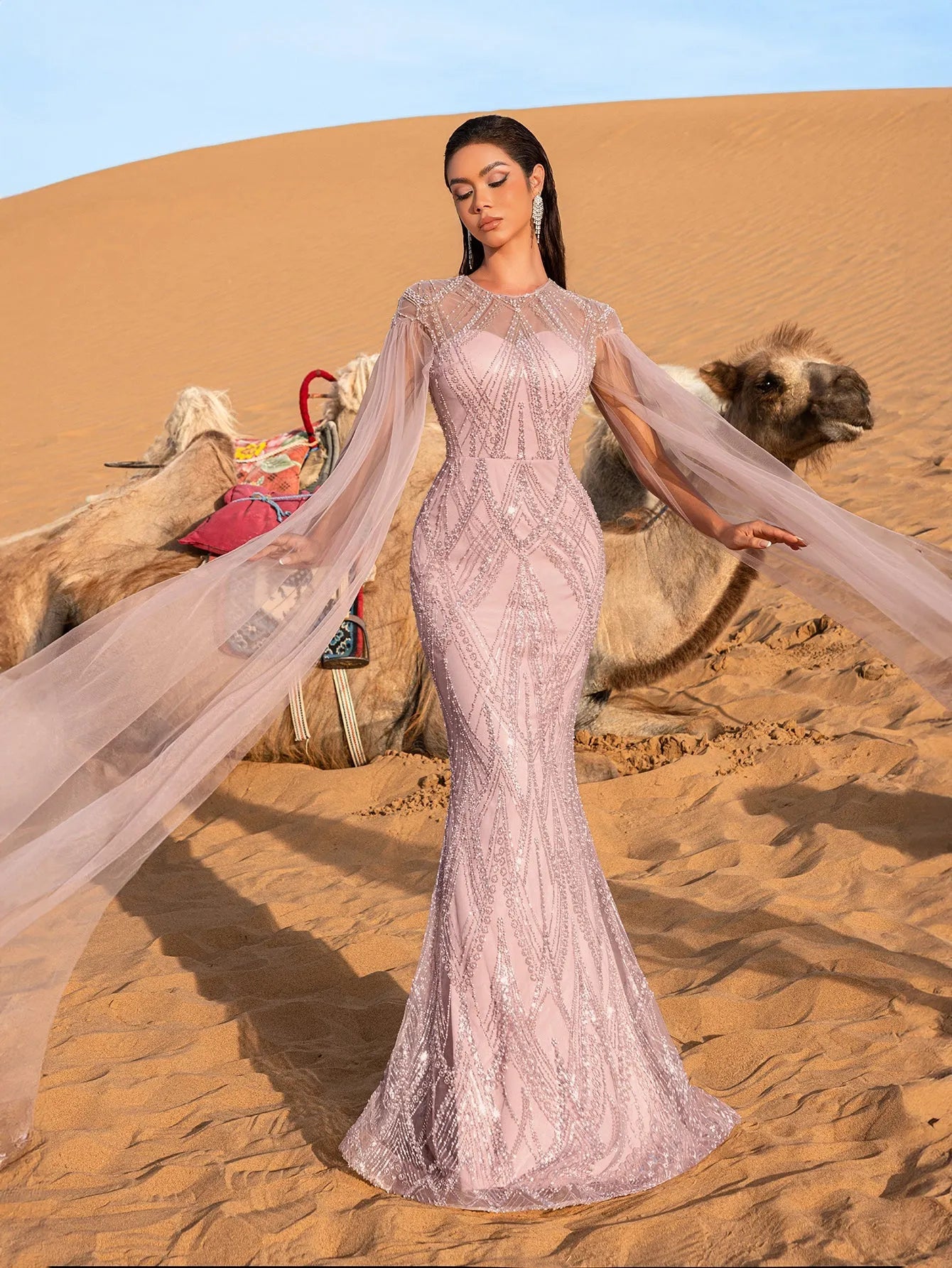 Luxury Gorgeous Sheer Cloak Sleeves Mermaid Hem Beaded Evening Dress – view 5