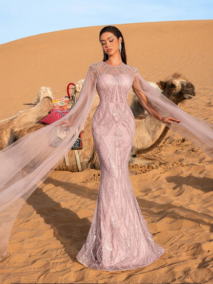 Luxury Gorgeous Sheer Cloak Sleeves Mermaid Hem Beaded Evening Dress – view 5