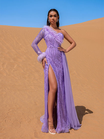 Purple one-shoulder beaded mermaid evening gown, full-length front view