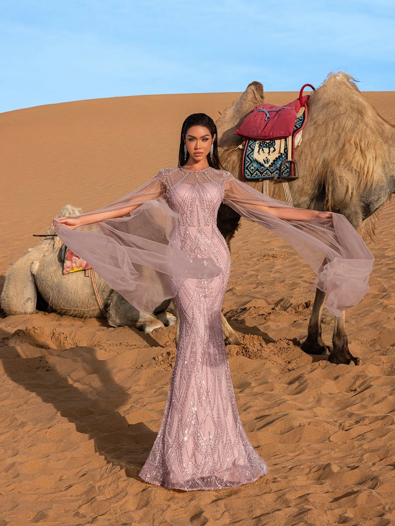 Luxury Gorgeous Sheer Cloak Sleeves Mermaid Hem Beaded Evening Dress – view 6