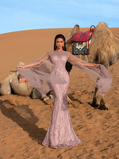 Luxury Gorgeous Sheer Cloak Sleeves Mermaid Hem Beaded Evening Dress – view 6