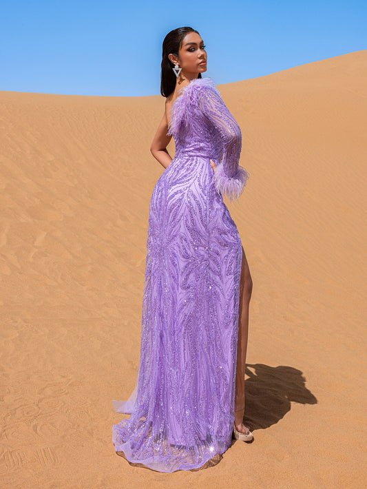 Purple one-shoulder beaded mermaid evening gown, back view