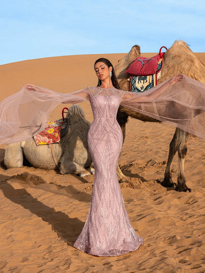 Luxury Gorgeous Sheer Cloak Sleeves Mermaid Hem Beaded Evening Dress – view 7