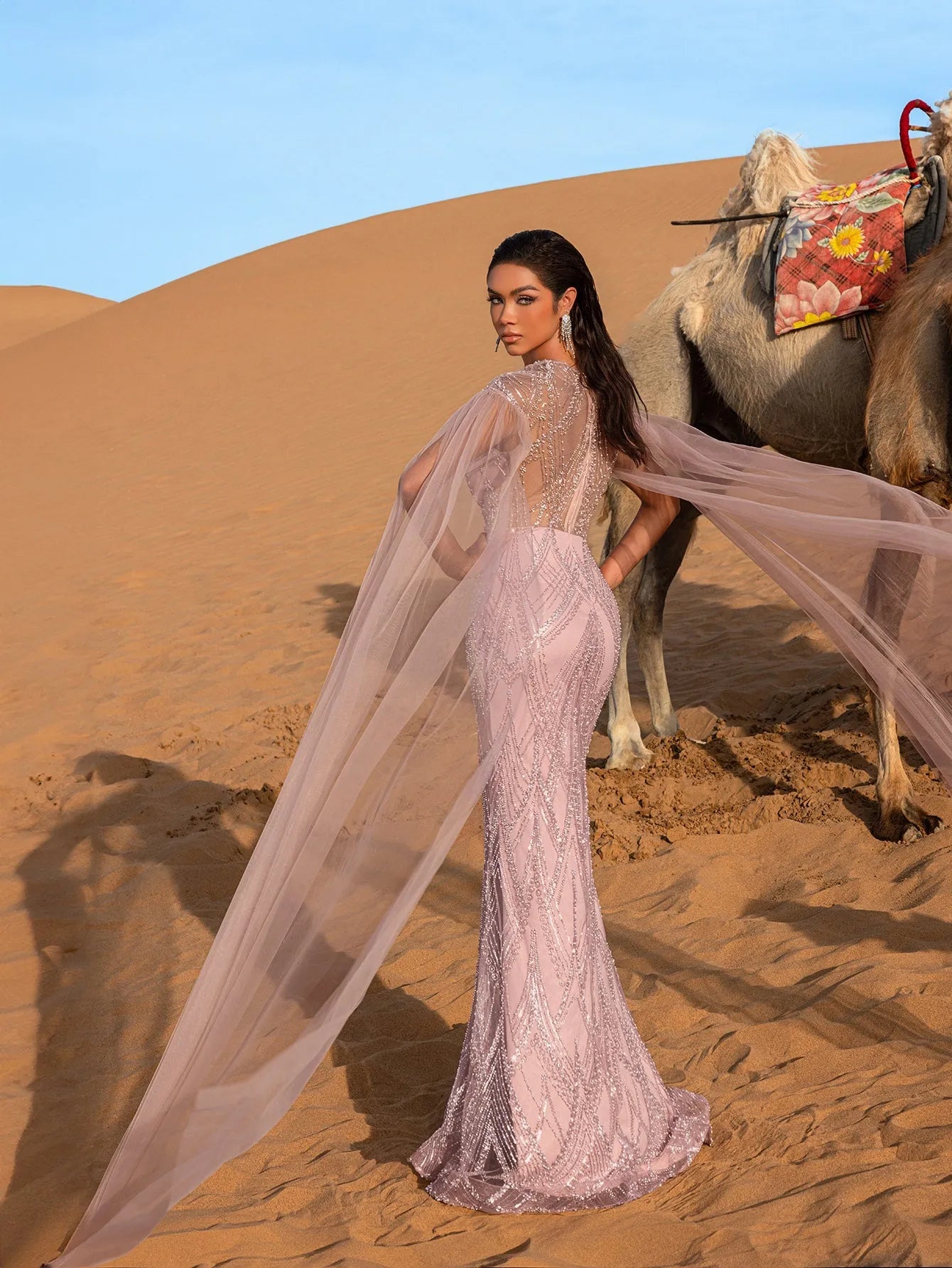 Luxury Gorgeous Sheer Cloak Sleeves Mermaid Hem Beaded Evening Dress – view 2