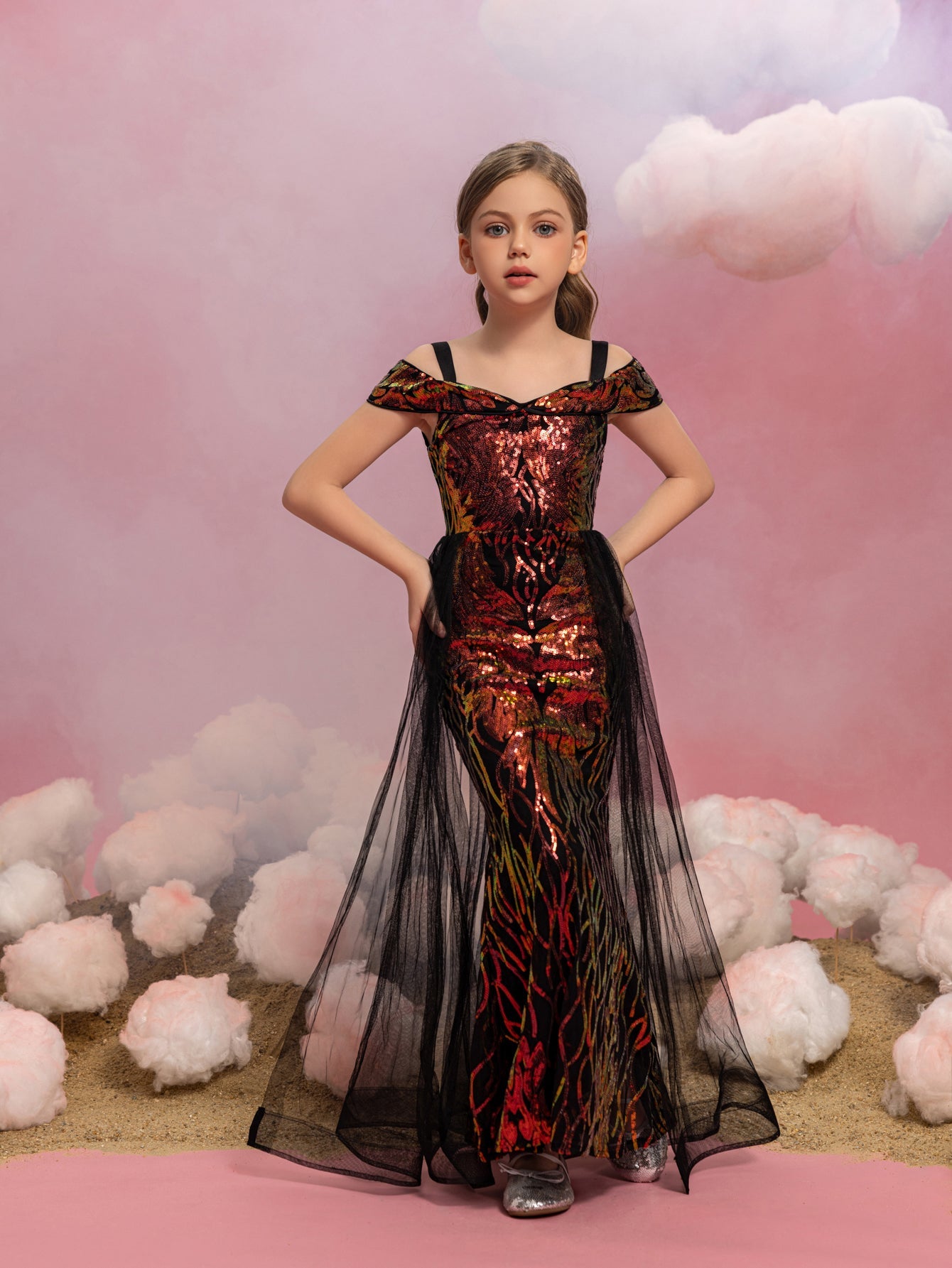 Tween Girls' Off-Shoulder Sequin Short-Sleeve Mermaid Formal Gown — authorized product image 3