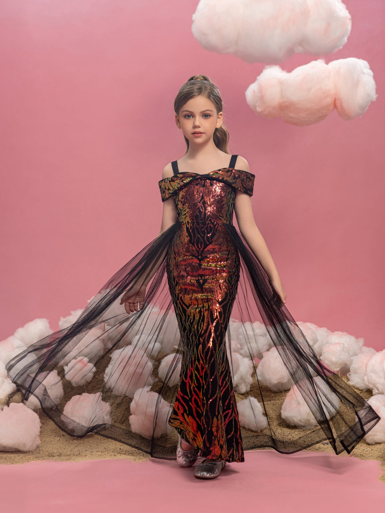 Tween Girls' Off-Shoulder Sequin Short-Sleeve Mermaid Formal Gown — authorized product image 1
