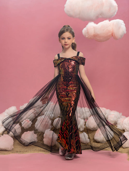 Tween Girls' Off-Shoulder Sequin Short-Sleeve Mermaid Formal Gown — authorized product image 1