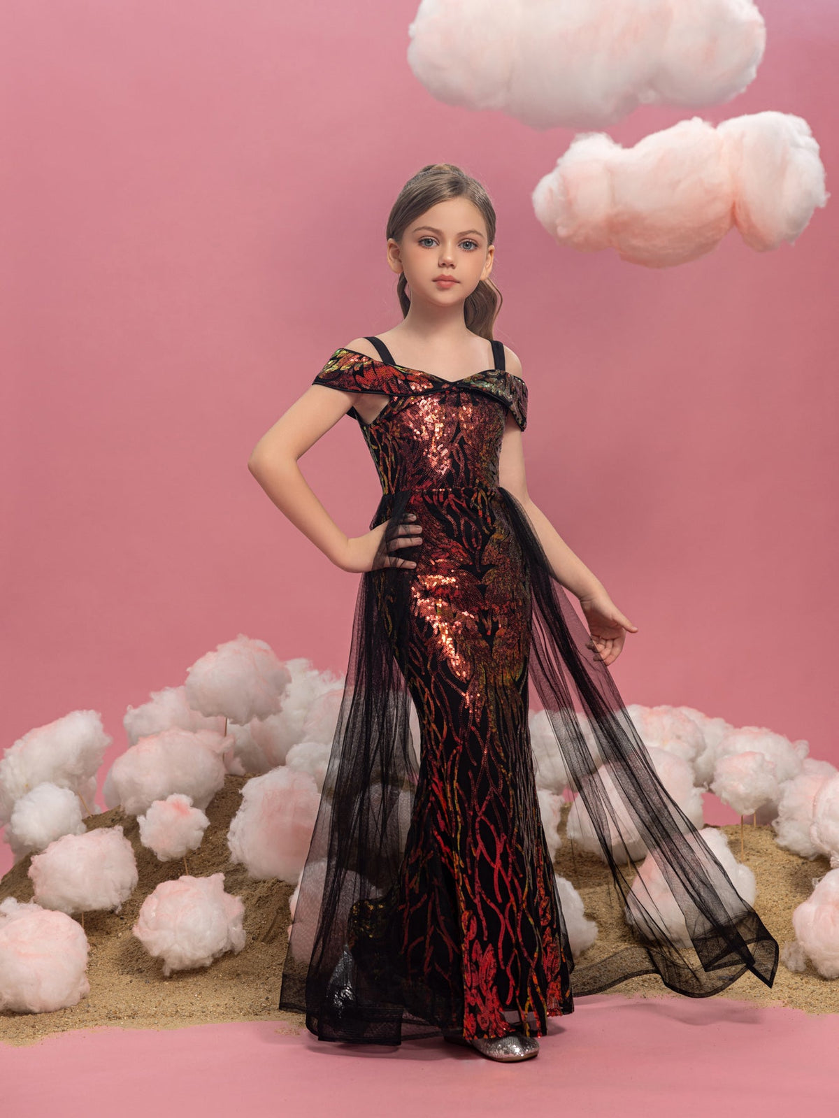 Tween Girls' Off-Shoulder Sequin Short-Sleeve Mermaid Formal Gown — authorized product image 4