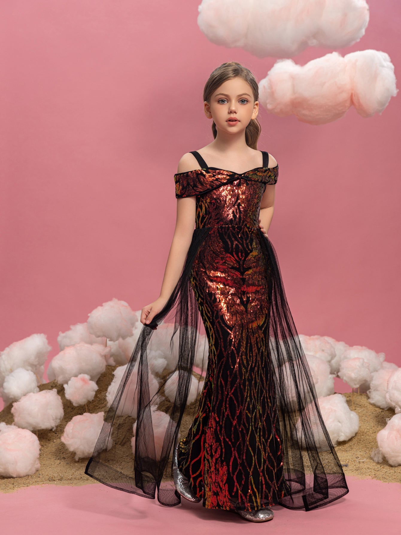 Tween Girls' Off-Shoulder Sequin Short-Sleeve Mermaid Formal Gown — authorized product image 6