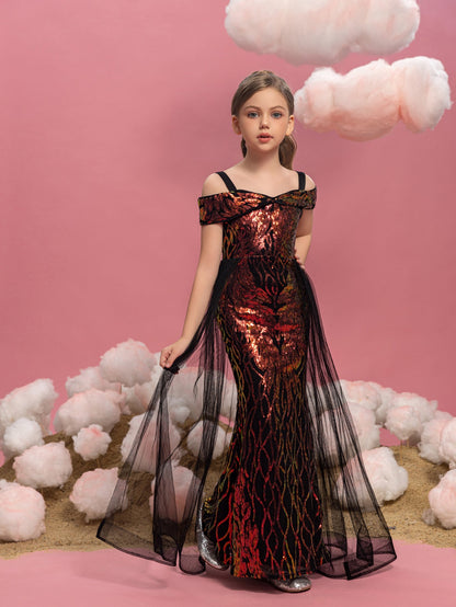 Tween Girls' Off-Shoulder Sequin Short-Sleeve Mermaid Formal Gown — authorized product image 6