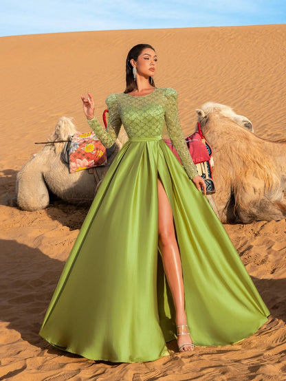 Luxury Gorgeous Round Neck Long Sleeves Beaded Sequin Prom Dress – view 6