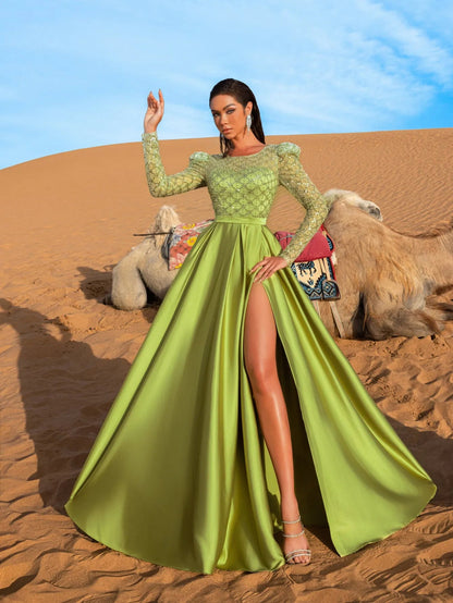 Luxury Gorgeous Round Neck Long Sleeves Beaded Sequin Prom Dress – view 7