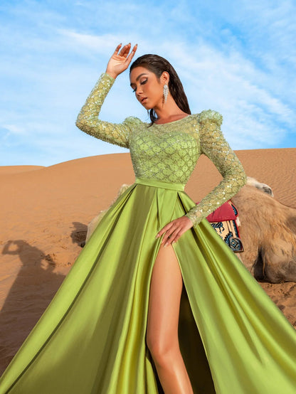 Luxury Gorgeous Round Neck Long Sleeves Beaded Sequin Prom Dress – view 8