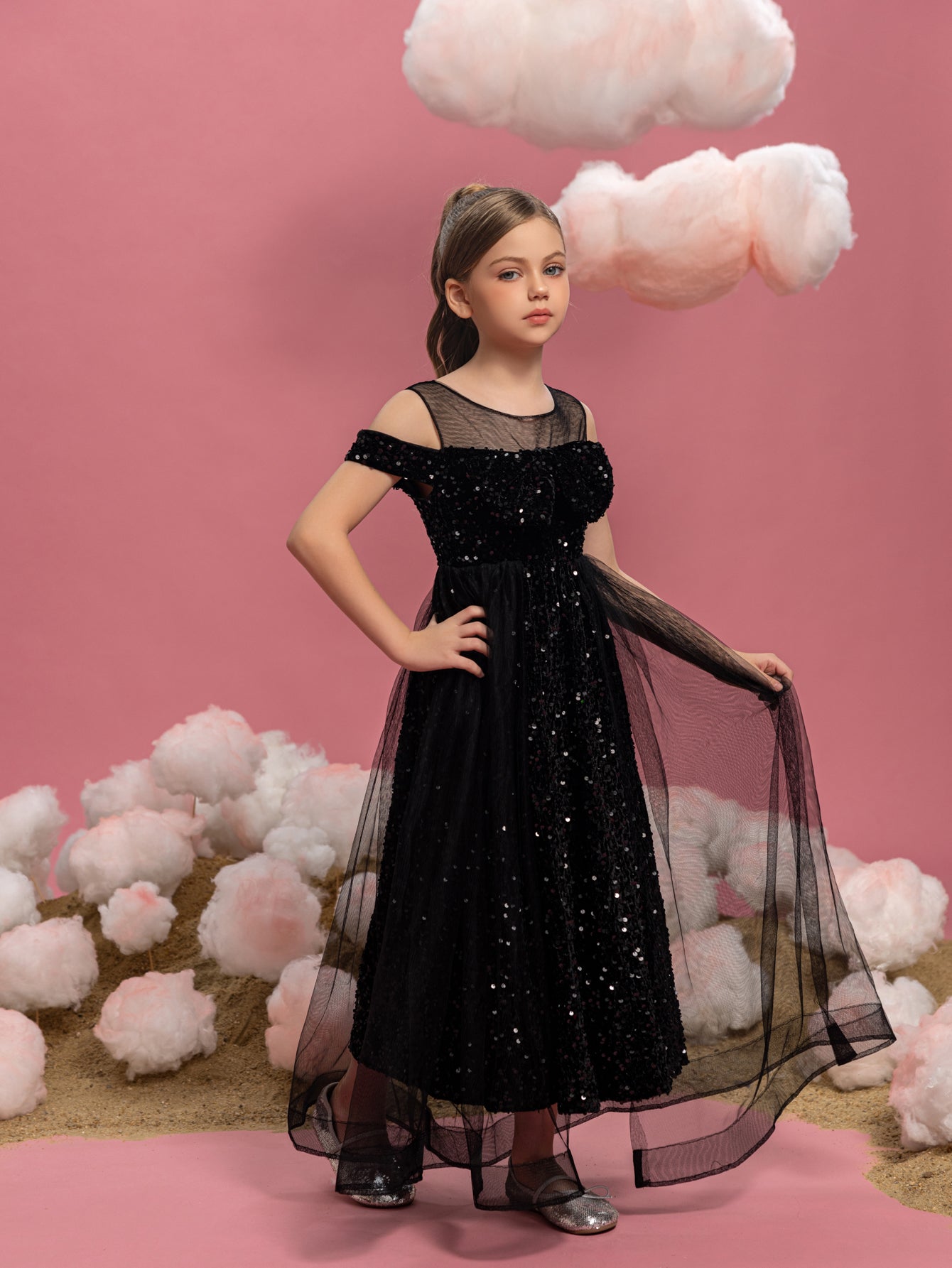 Tween Girls' Off-Shoulder Sequin Short-Sleeve A-Line Formal Gown — authorized product image 5