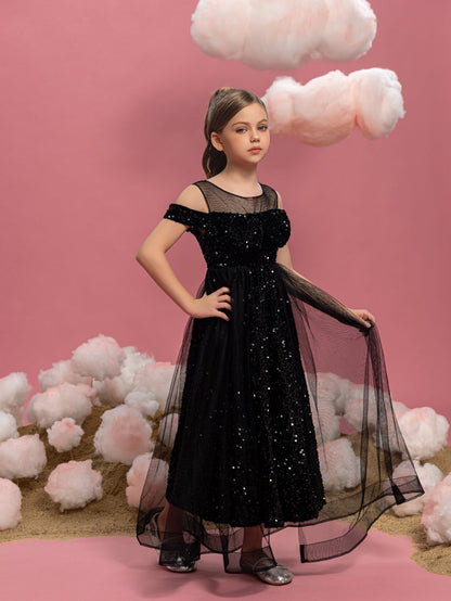Tween Girls' Off-Shoulder Sequin Short-Sleeve A-Line Formal Gown — authorized product image 5