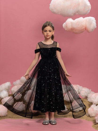 Tween Girls' Off-Shoulder Sequin Short-Sleeve A-Line Formal Gown — authorized product image 6