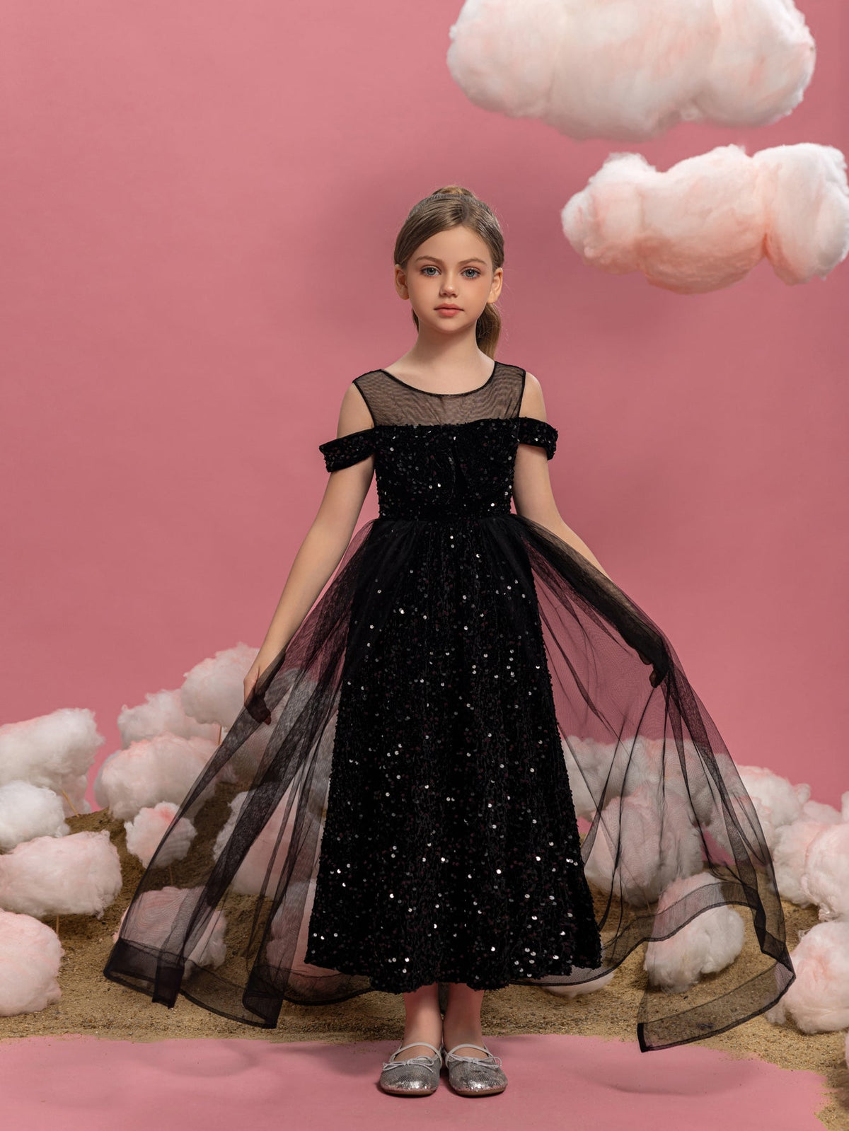 Tween Girls' Off-Shoulder Sequin Short-Sleeve A-Line Formal Gown — authorized product image 1