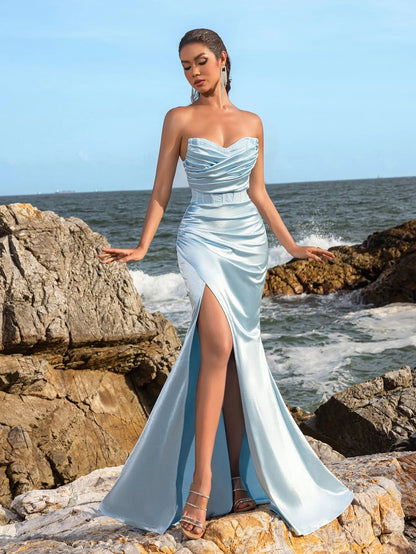 Additional product view of Ruched Wrap Mermaid Hem Strapless Satin High-Slit Evening Gown