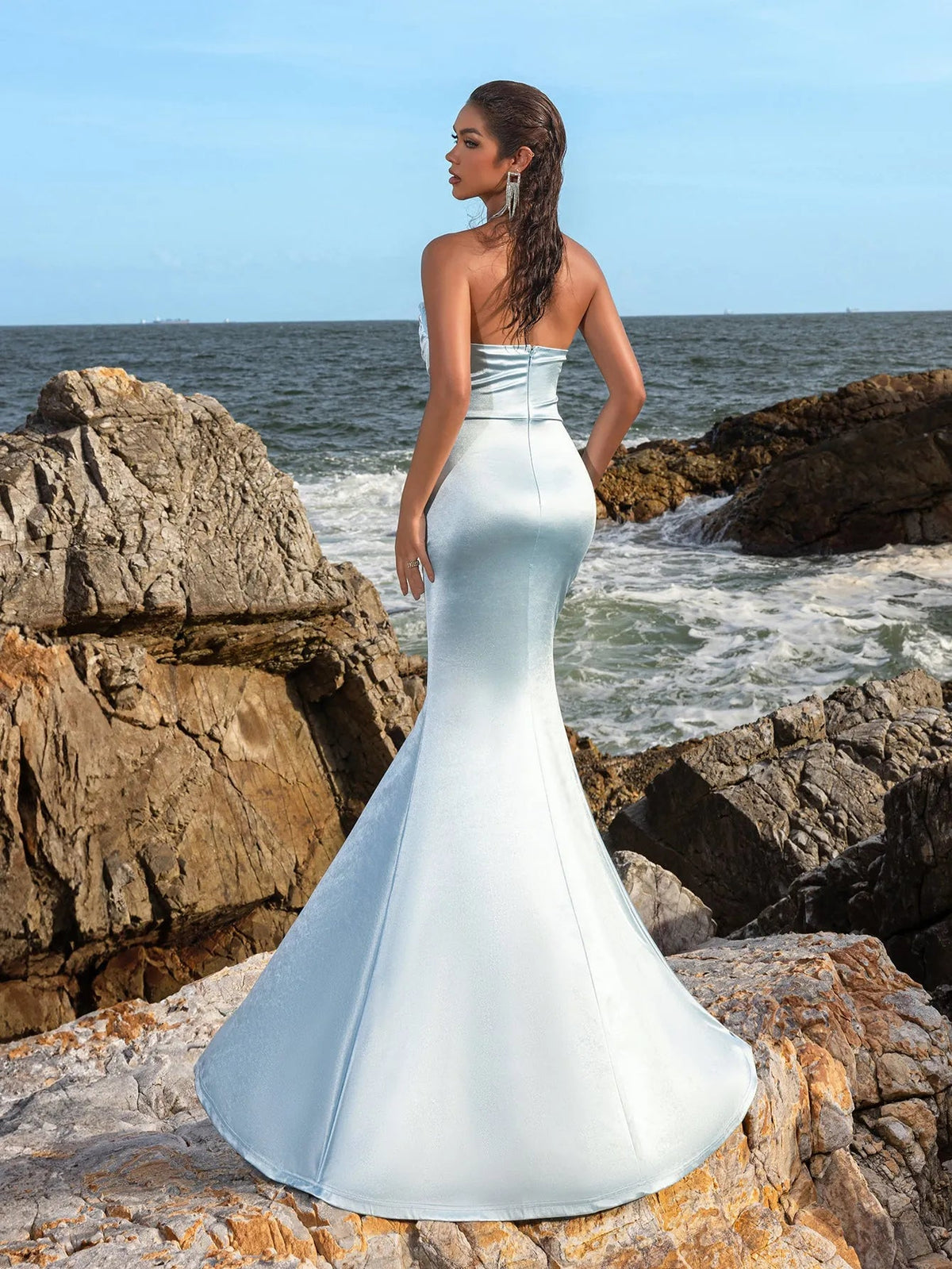 Additional product view of Ruched Wrap Mermaid Hem Strapless Satin High-Slit Evening Gown