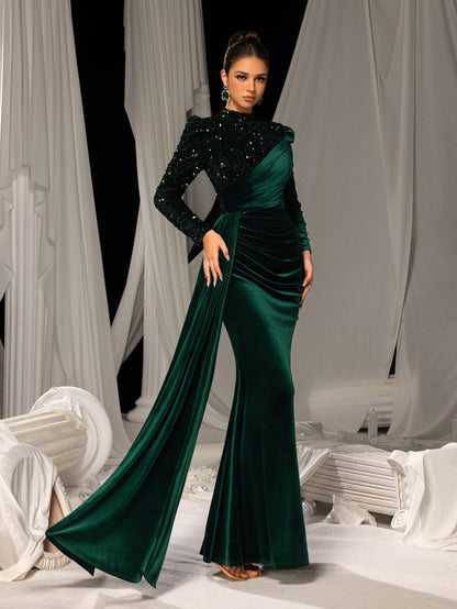Elegant Velvet Evening Gown with Sequin Detail & Mermaid Silhouette – Luxury Bridal Wear for Weddings or High-End Events, XS-XL