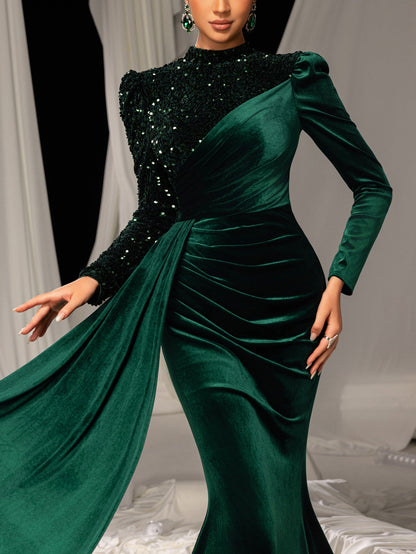 Elegant Velvet Evening Gown with Sequin Detail & Mermaid Silhouette – Luxury Bridal Wear for Weddings or High-End Events, XS-XL