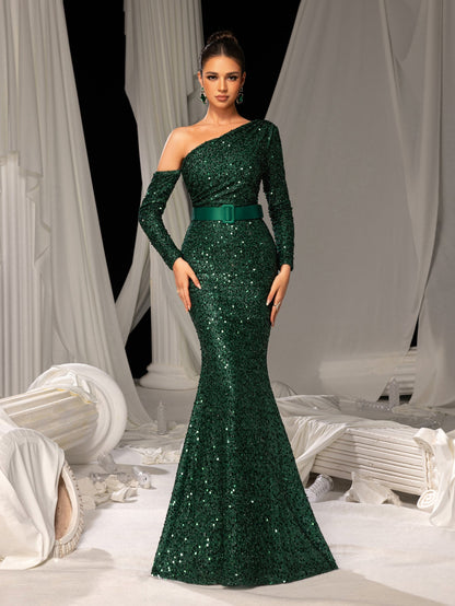 Additional view of Dark Green One-Shoulder Sequin Long-Sleeve Mermaid Wedding Guest Dress