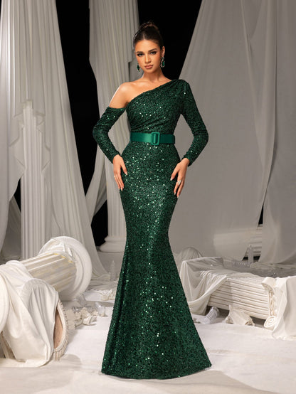 Additional view of Dark Green One-Shoulder Sequin Long-Sleeve Mermaid Wedding Guest Dress