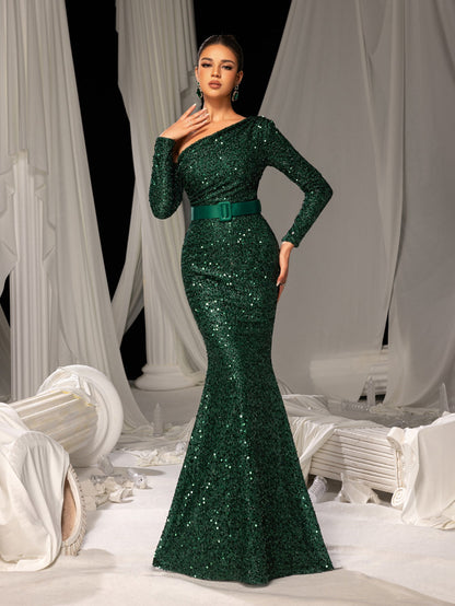 Additional view of Dark Green One-Shoulder Sequin Long-Sleeve Mermaid Wedding Guest Dress