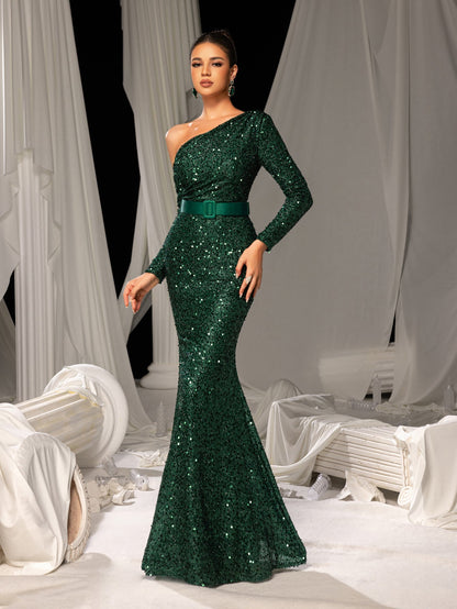 Additional view of Dark Green One-Shoulder Sequin Long-Sleeve Mermaid Wedding Guest Dress