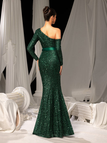 Additional view of Dark Green One-Shoulder Sequin Long-Sleeve Mermaid Wedding Guest Dress