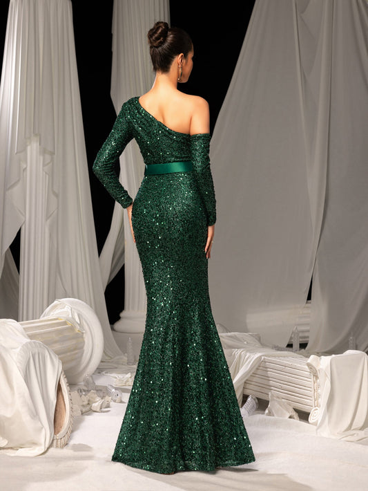 Additional view of Dark Green One-Shoulder Sequin Long-Sleeve Mermaid Wedding Guest Dress