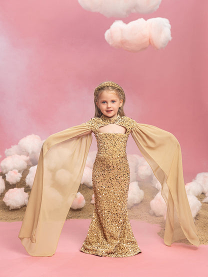 Additional product view of Cape-Sleeve Mock-Neck Sequin Mermaid Maxi Young Girls' Party Dress
