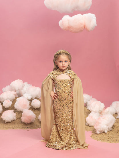 Additional product view of Cape-Sleeve Mock-Neck Sequin Mermaid Maxi Young Girls' Party Dress