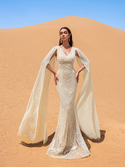 Gorgeous Beaded Sequin Mermaid Gown with Cape Sleeves – Elegant Evening Dress for Weddings, Red Carpet Galas & Opera Nights – view 3