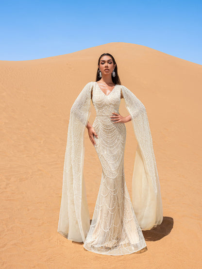 Gorgeous Beaded Sequin Mermaid Gown with Cape Sleeves – Elegant Evening Dress for Weddings, Red Carpet Galas & Opera Nights – view 4
