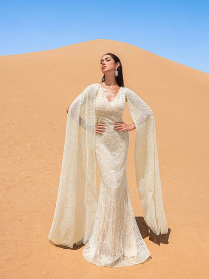 Gorgeous Beaded Sequin Mermaid Gown with Cape Sleeves – Elegant Evening Dress for Weddings, Red Carpet Galas & Opera Nights – view 5